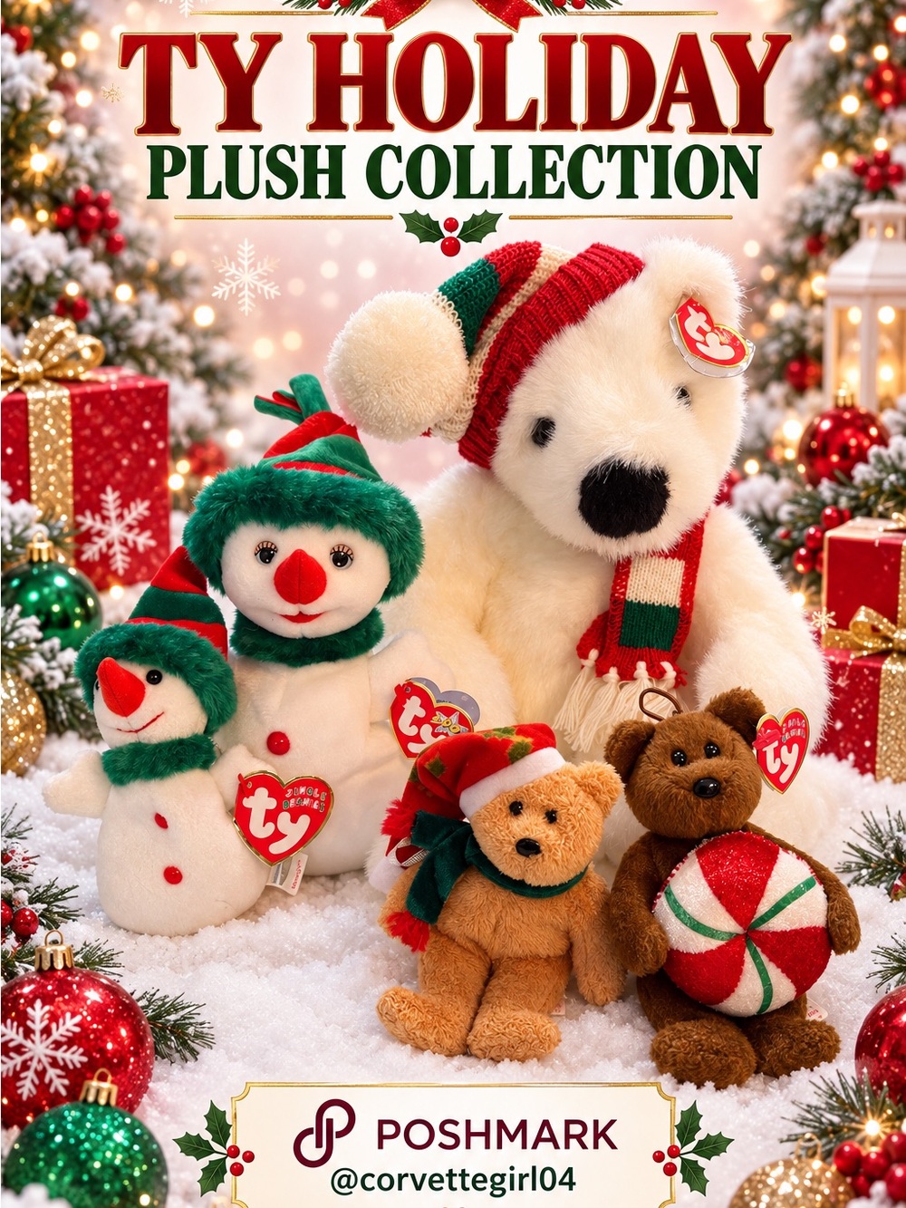 Ty Holiday Plush Polar Bear and Friends in White, Red, Green, Brown